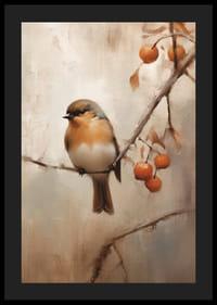 Akvarell av liten fågel på gren med orange bär, höstfärger-4