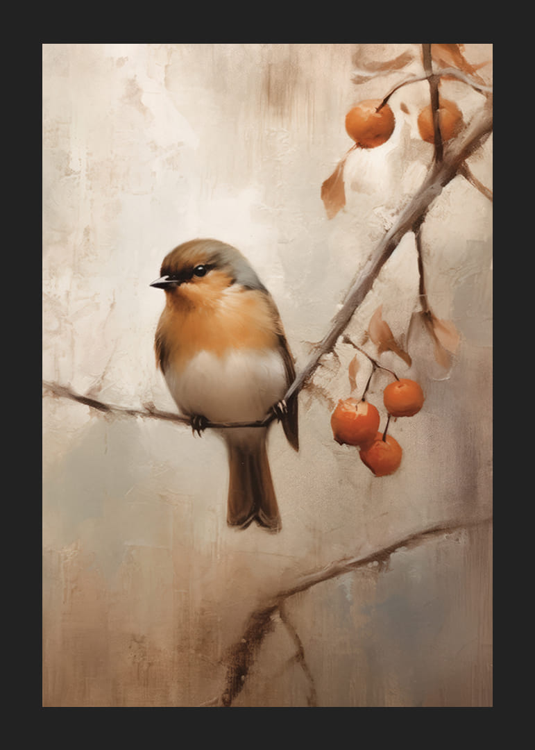 Akvarell av liten fågel på gren med orange bär, höstfärger-12