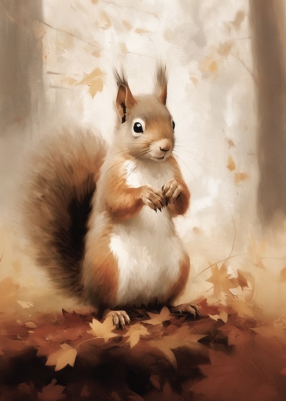 Watercolor illustration of squirrel among autumn leaves in warm tones-12