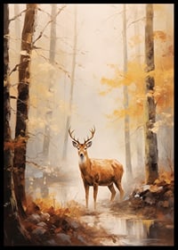 Aquarell eines Hirsches mit stattlichem Geweih im herbstlich gefärbten Wald-6