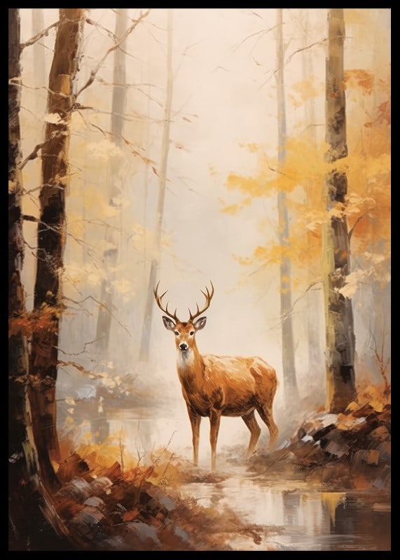 Aquarell eines Hirsches mit stattlichem Geweih im herbstlich gefärbten Wald-12
