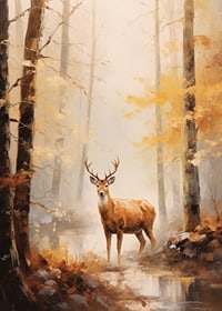 Aquarell eines Hirsches mit stattlichem Geweih im herbstlich gefärbten Wald-7