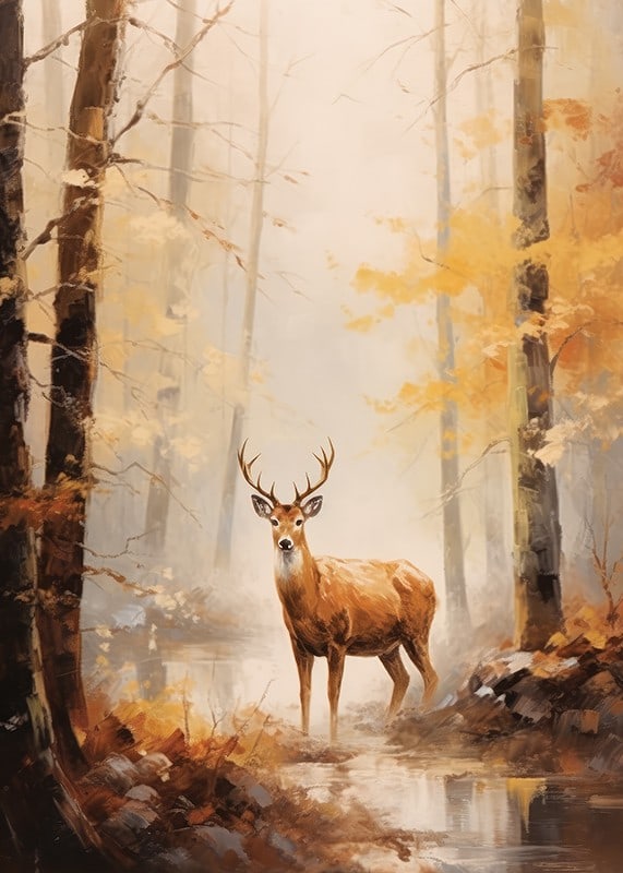 Aquarell eines Hirsches mit stattlichem Geweih im herbstlich gefärbten Wald-12