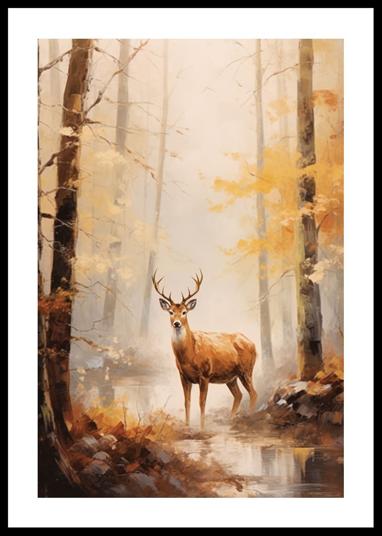 Aquarell eines Hirsches mit stattlichem Geweih im herbstlich gefärbten Wald-12