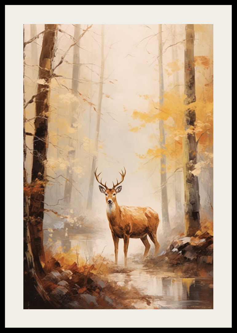 Aquarell eines Hirsches mit stattlichem Geweih im herbstlich gefärbten Wald-12