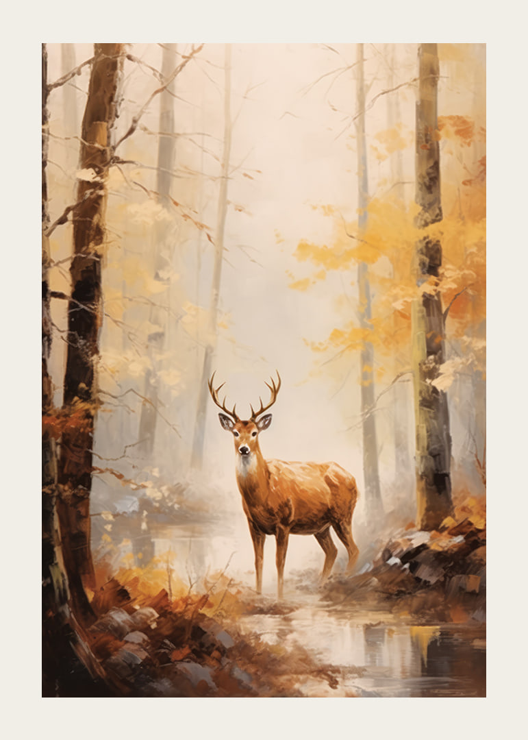 Aquarell eines Hirsches mit stattlichem Geweih im herbstlich gefärbten Wald-12