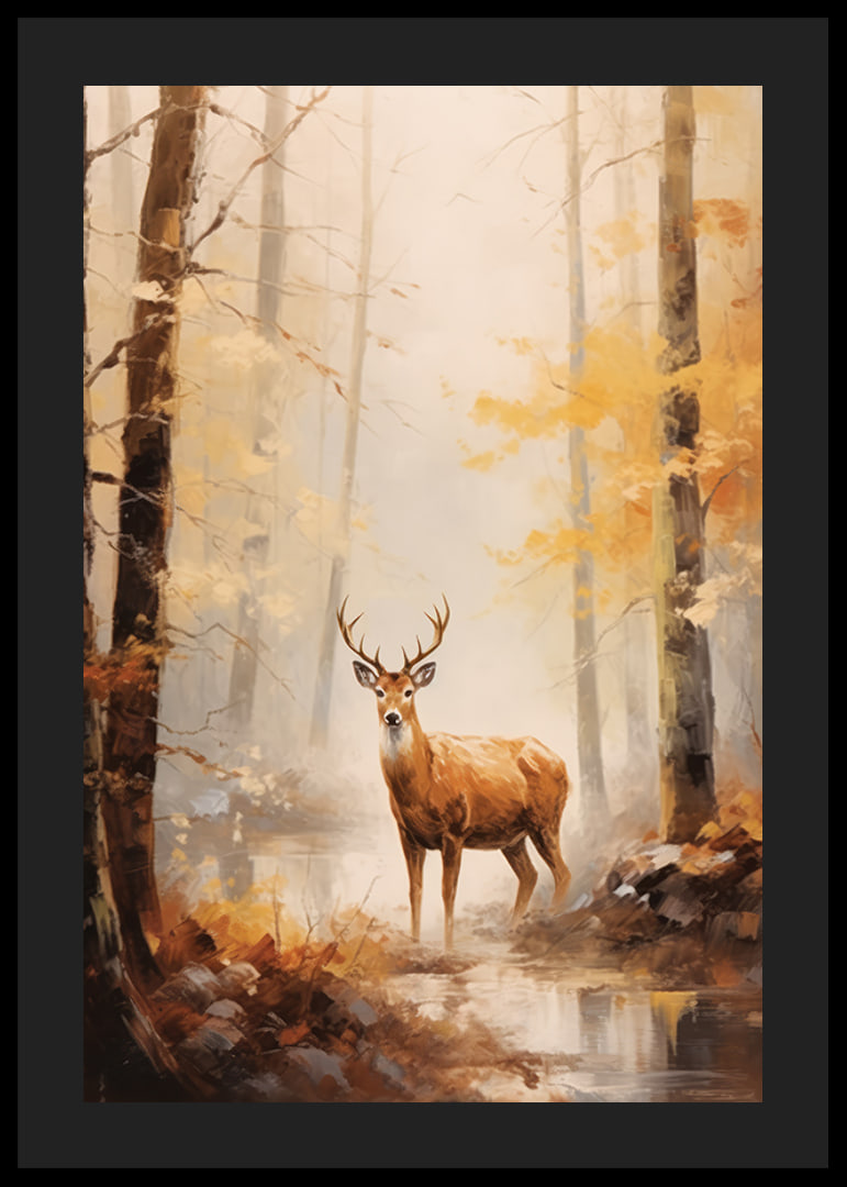 Aquarell eines Hirsches mit stattlichem Geweih im herbstlich gefärbten Wald-12