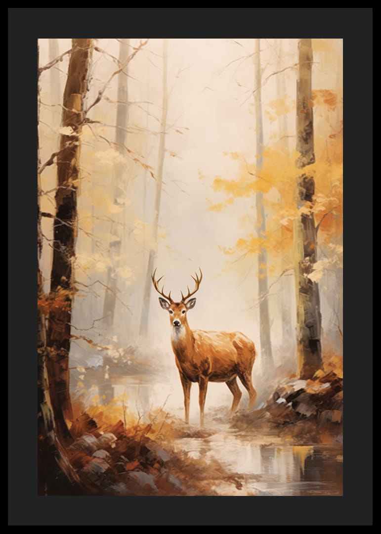 Watercolor of deer with stately antlers in autumn colored forest-12