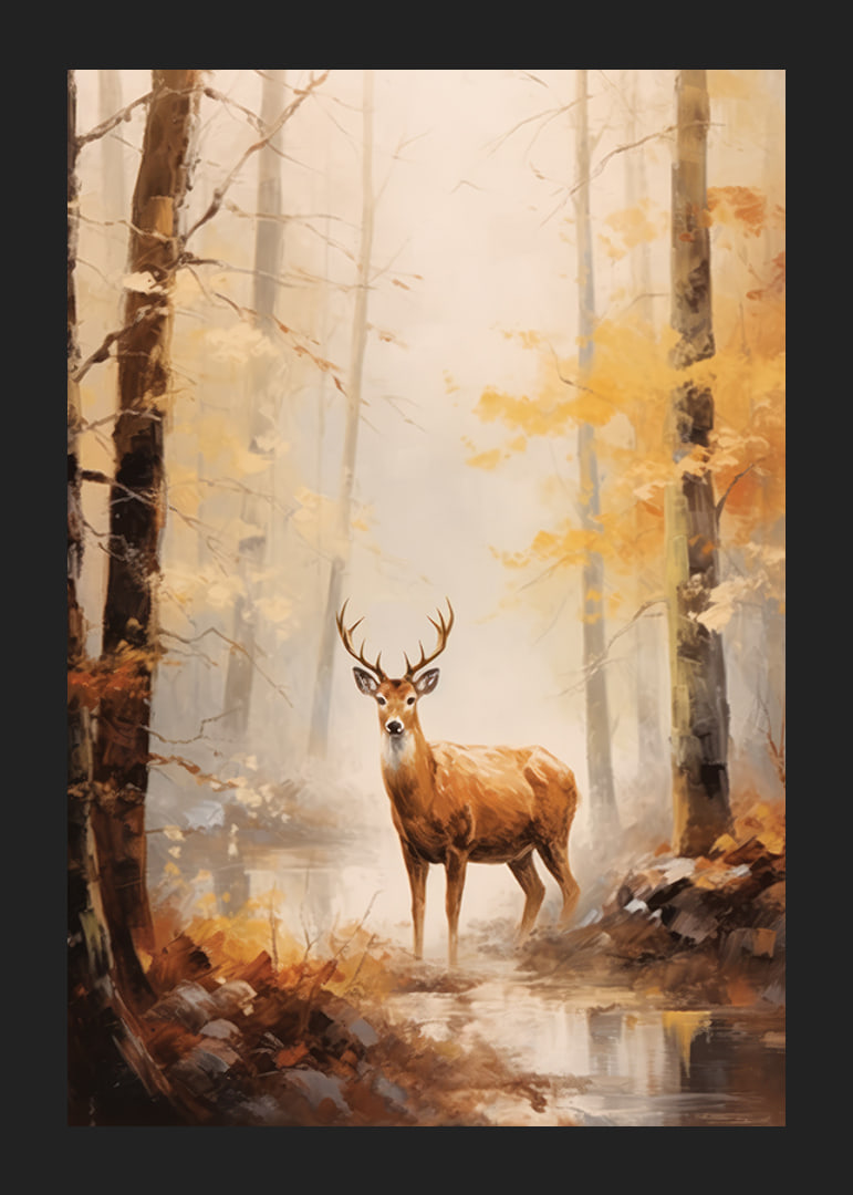 Aquarell eines Hirsches mit stattlichem Geweih im herbstlich gefärbten Wald-12