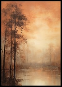 Abstract landscape with autumn trees and lake in warm orange tones-6