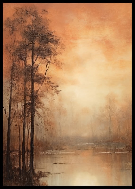 Abstract landscape with autumn trees and lake in warm orange tones-12