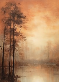 Abstract landscape with autumn trees and lake in warm orange tones-7