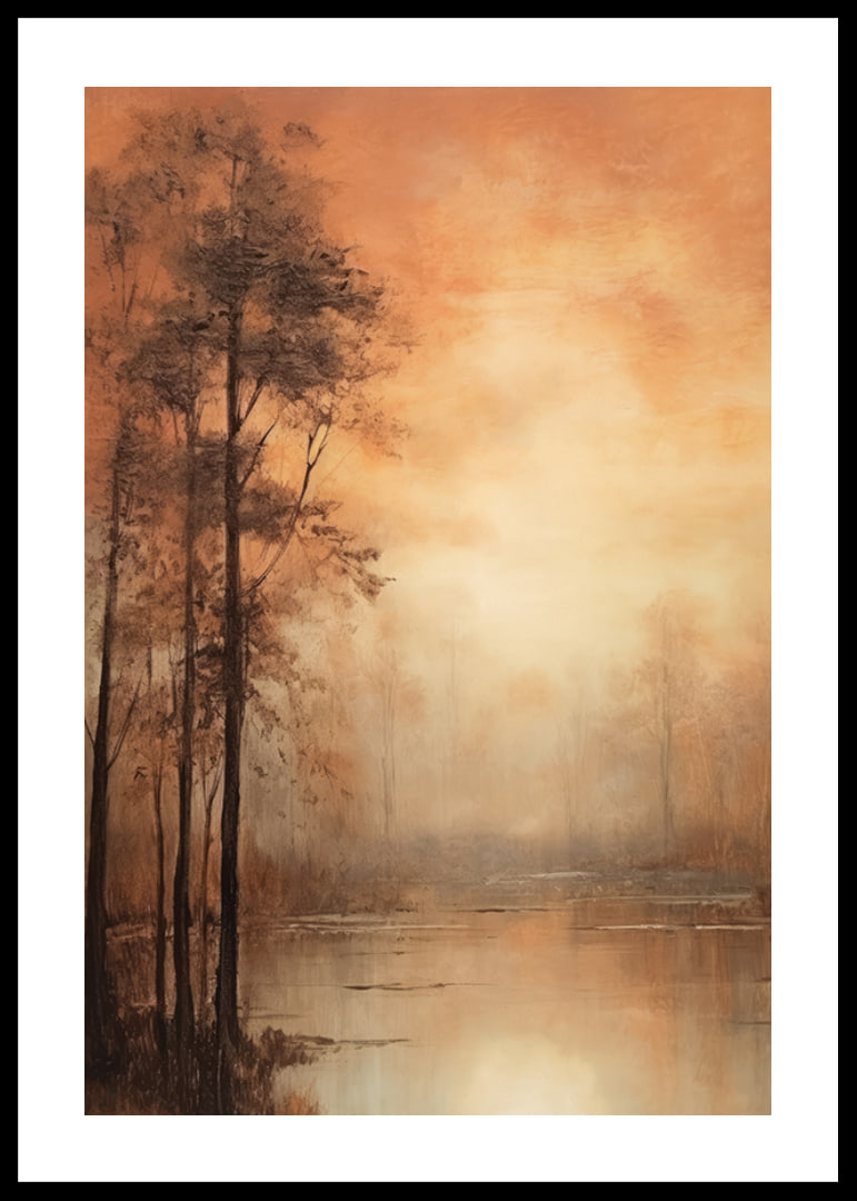 Abstract landscape with autumn trees and lake in warm orange tones-12