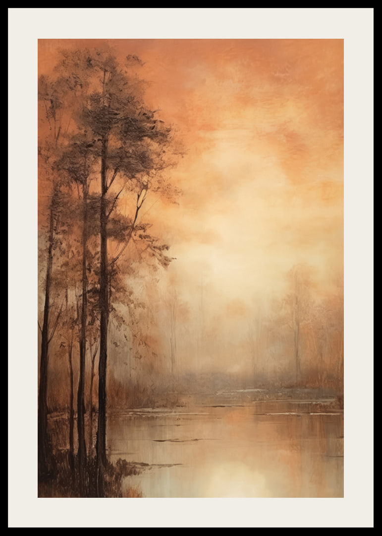Abstract landscape with autumn trees and lake in warm orange tones-12
