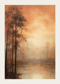 Abstrakt landskap med höstträd och sjö i varma orange toner-3