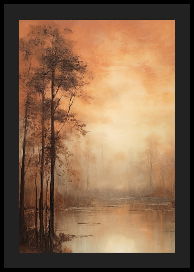 Abstrakt landskap med höstträd och sjö i varma orange toner-12