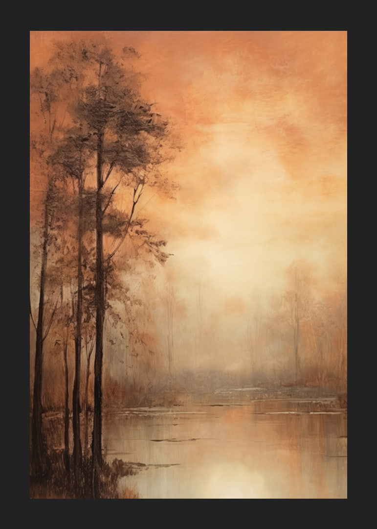 Abstract landscape with autumn trees and lake in warm orange tones-12