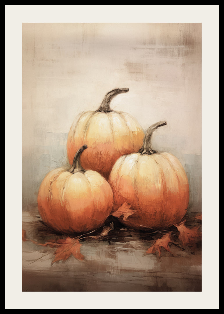 Watercolor poster with three pumpkins in beautiful orange autumn colors and autumn leaves on a light background-12