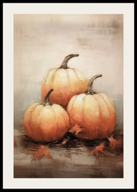 Akvarellposter med tre pumpor i vackra orange höstfärger och höstlöv på ljus bakgrund-2