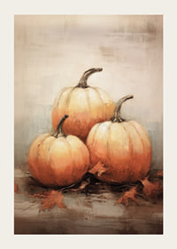 Watercolor poster with three pumpkins in beautiful orange autumn colors and autumn leaves on a light background-3