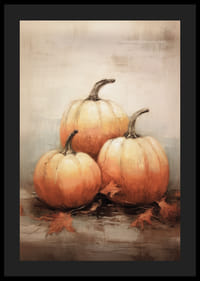 Akvarellposter med tre pumpor i vackra orange höstfärger och höstlöv på ljus bakgrund-4