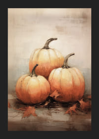 Akvarellposter med tre pumpor i vackra orange höstfärger och höstlöv på ljus bakgrund-5