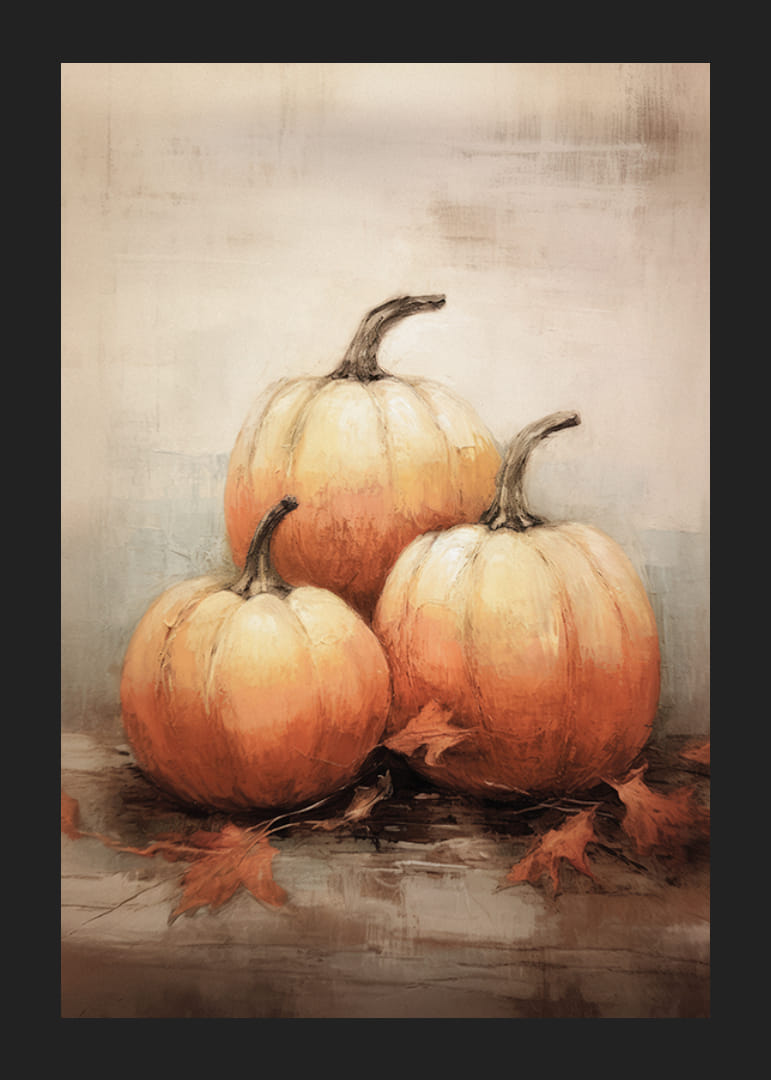 Akvarellposter med tre pumpor i vackra orange höstfärger och höstlöv på ljus bakgrund-12