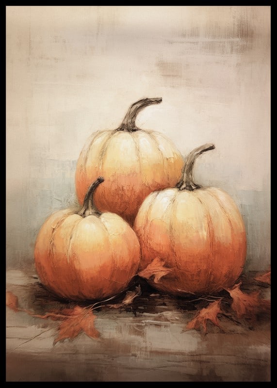 Watercolor poster with three pumpkins in beautiful orange autumn colors and autumn leaves on a light background-12