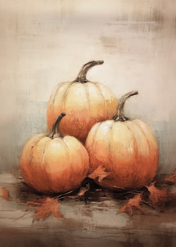 Watercolor poster with three pumpkins in beautiful orange autumn colors and autumn leaves on a light background-12