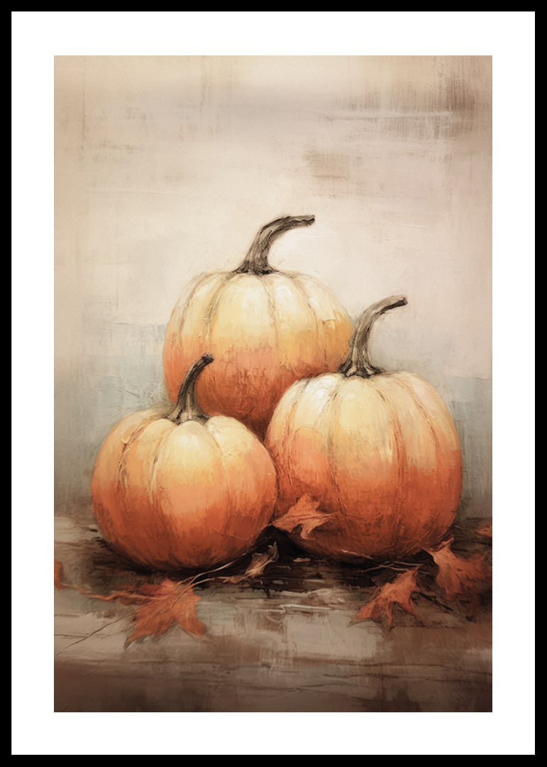 Watercolor poster with three pumpkins in beautiful orange autumn colors and autumn leaves on a light background-12