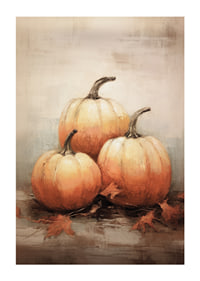 Watercolor poster with three pumpkins in beautiful orange autumn colors and autumn leaves on a light background-1