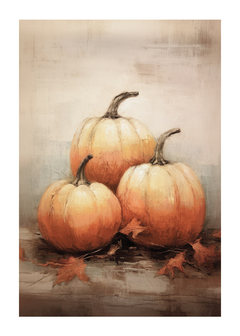 Watercolor poster with three pumpkins in beautiful orange autumn colors and autumn leaves on a light background-12