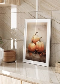 Watercolor poster with three pumpkins in beautiful orange autumn colors and autumn leaves on a light background-8