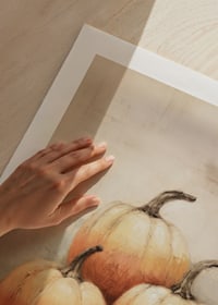 Watercolor poster with three pumpkins in beautiful orange autumn colors and autumn leaves on a light background-9