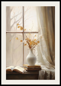 Watercolor of white vase with autumn leaves and books in window light-2