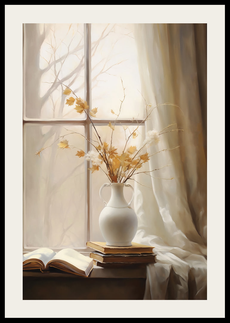 Watercolor of white vase with autumn leaves and books in window light-12