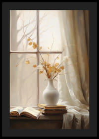 Akvarell av vit vas med höstlöv och böcker i fönsterljus-4