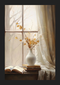 Watercolor of white vase with autumn leaves and books in window light-5