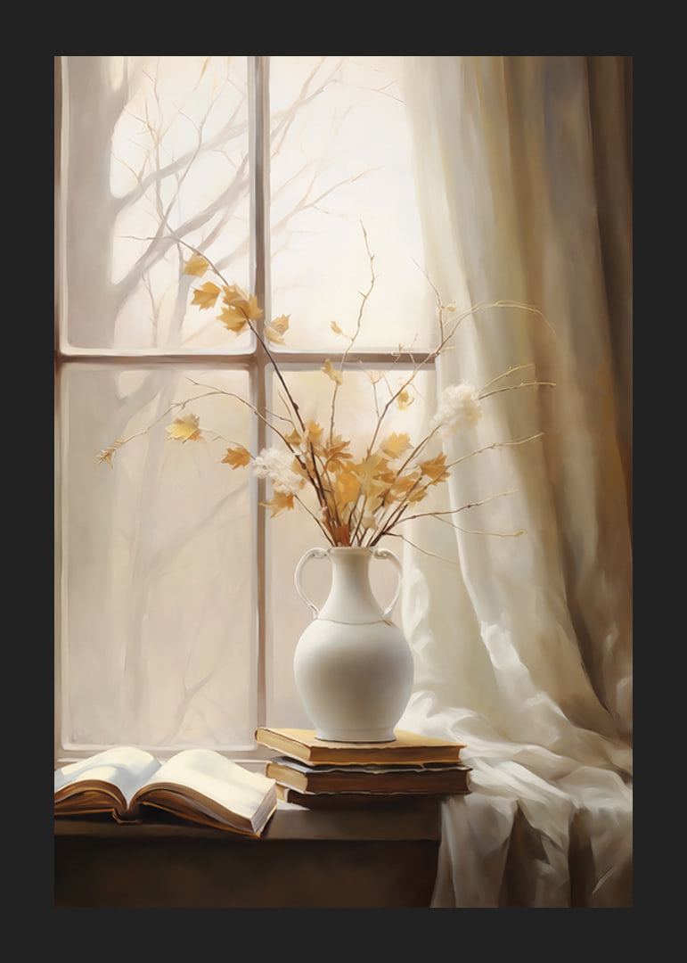 Watercolor of white vase with autumn leaves and books in window light-12