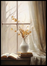 Watercolor of white vase with autumn leaves and books in window light-6