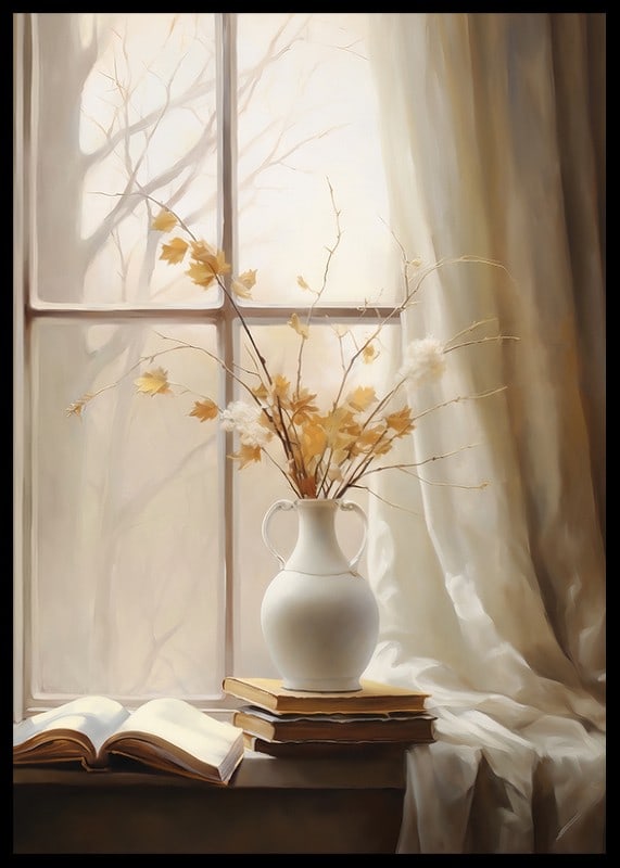 Watercolor of white vase with autumn leaves and books in window light-12