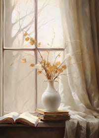 Watercolor of white vase with autumn leaves and books in window light-7