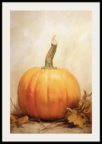 Akvarellimaalaus oransseista kurpitsoista ja syksyn lehdistä beigellä taustalla-2