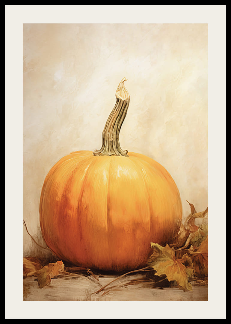 Akvarellimaalaus oransseista kurpitsoista ja syksyn lehdistä beigellä taustalla-12