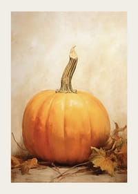 Akvarellimaalaus oransseista kurpitsoista ja syksyn lehdistä beigellä taustalla-3