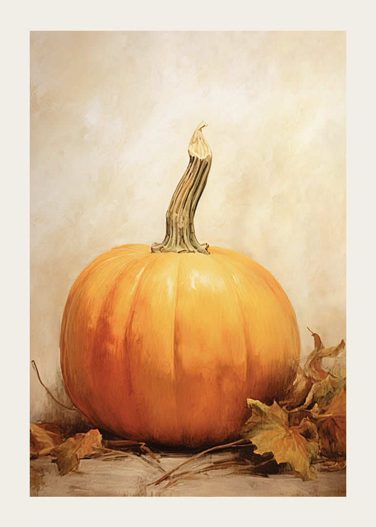 Akvarellimaalaus oransseista kurpitsoista ja syksyn lehdistä beigellä taustalla-12
