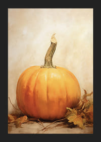 Akvarellimaalaus oransseista kurpitsoista ja syksyn lehdistä beigellä taustalla-5