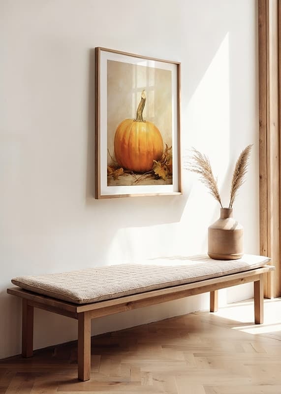Akvarellmålning av orange pumpor med höstlöv på beige bakgrund-12