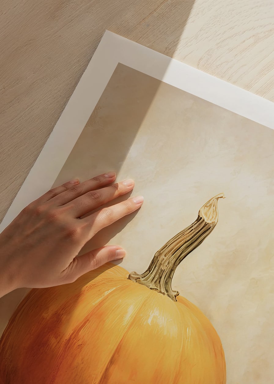 Akvarellmålning av orange pumpor med höstlöv på beige bakgrund-12