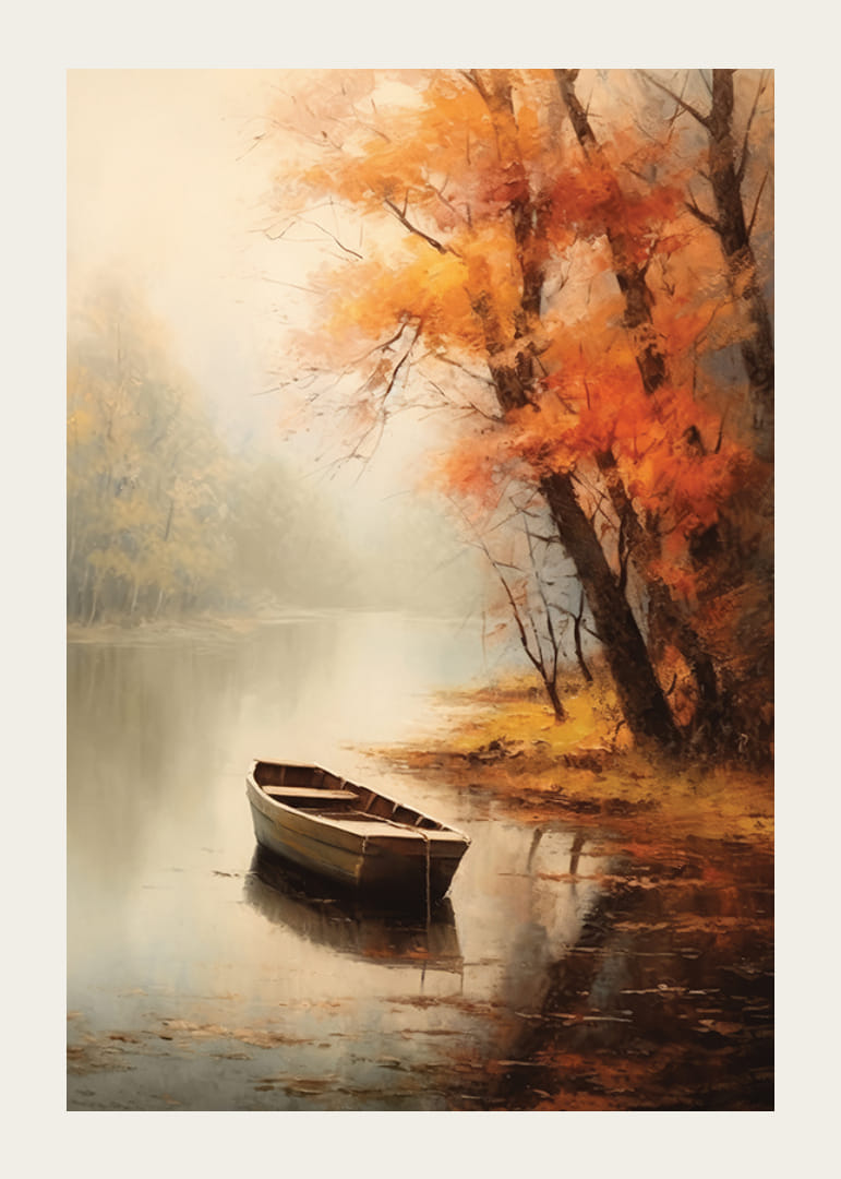 Watercolor of rowing boat at lakeside with autumn colored trees-12